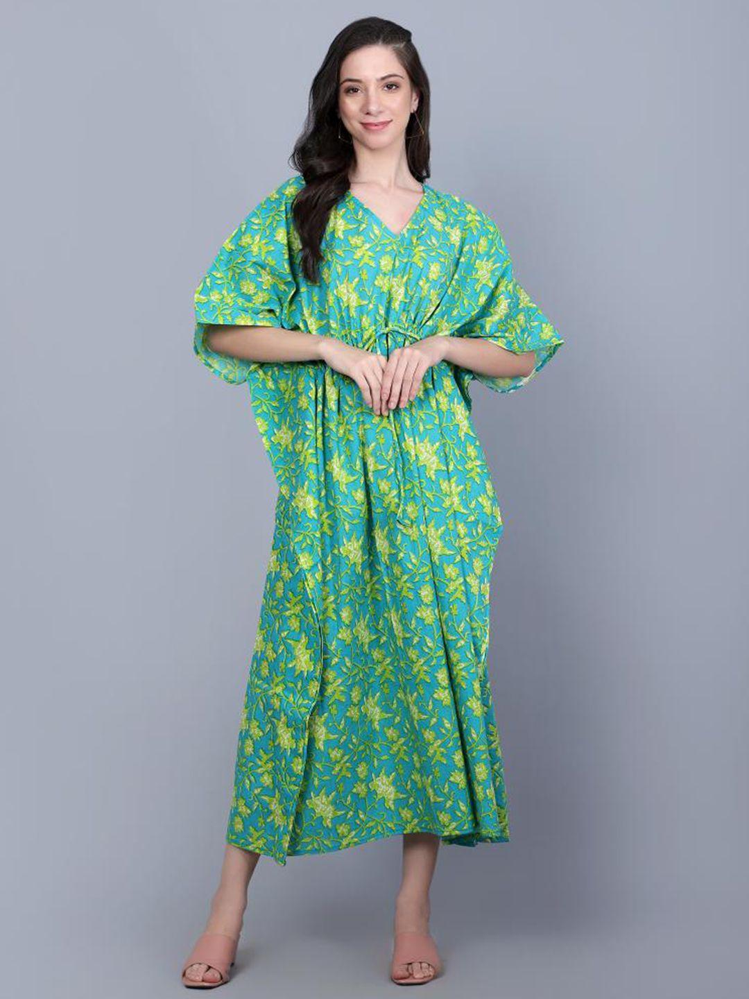 safeera printed v-neck extended sleeves pure cotton kaftan dress