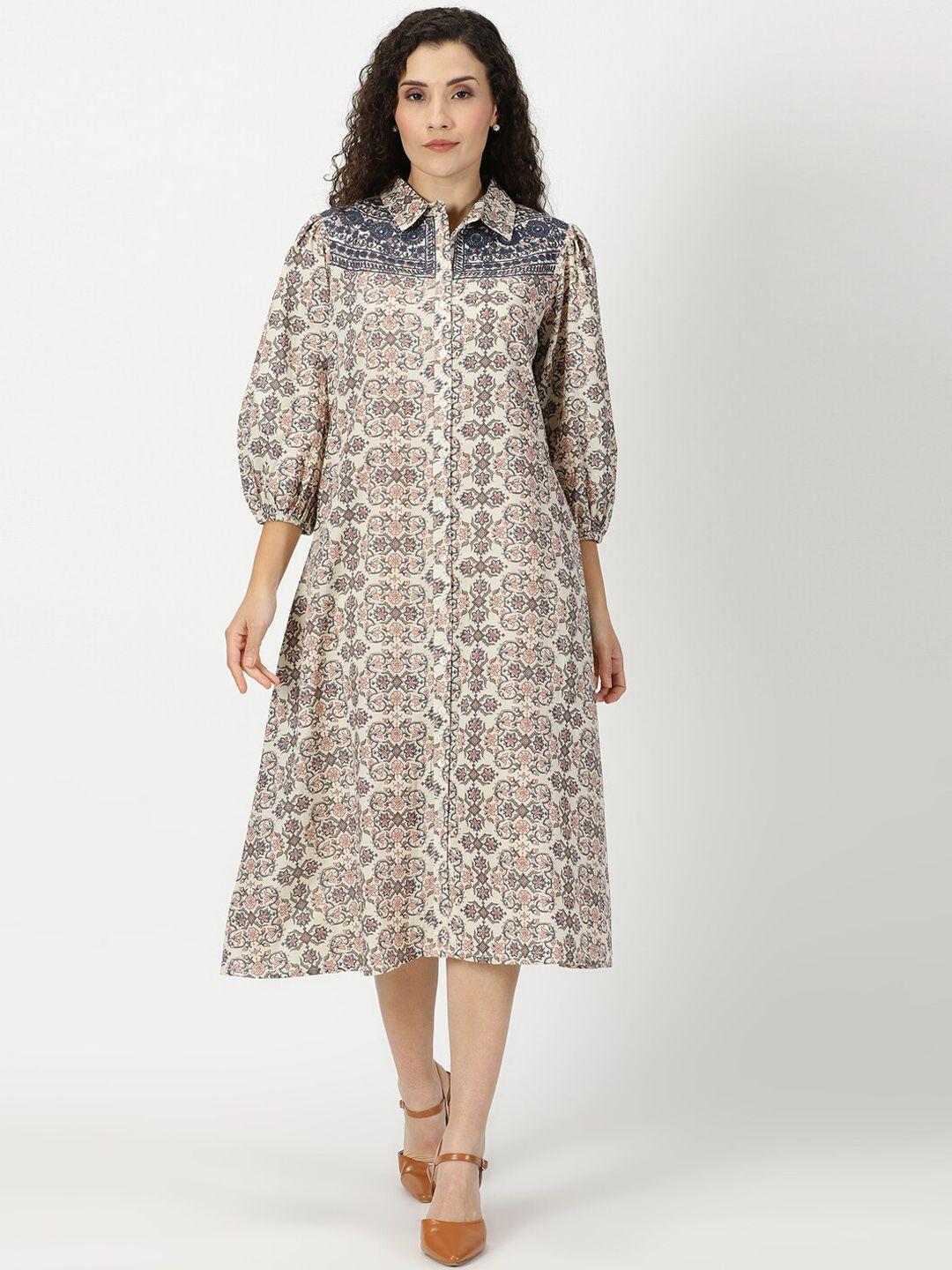 saffron threads ethnic printed puff sleeves shirt collar a-line pure cotton ethnic dress