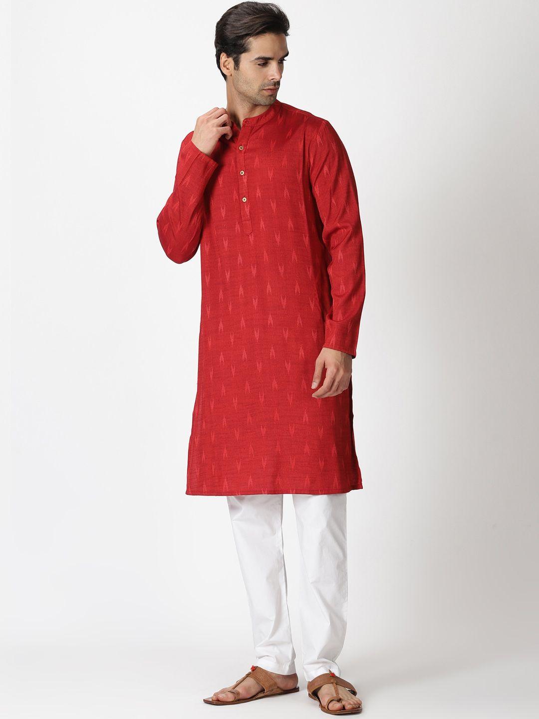 saffron threads men maroon ikat dobby woven design kurta