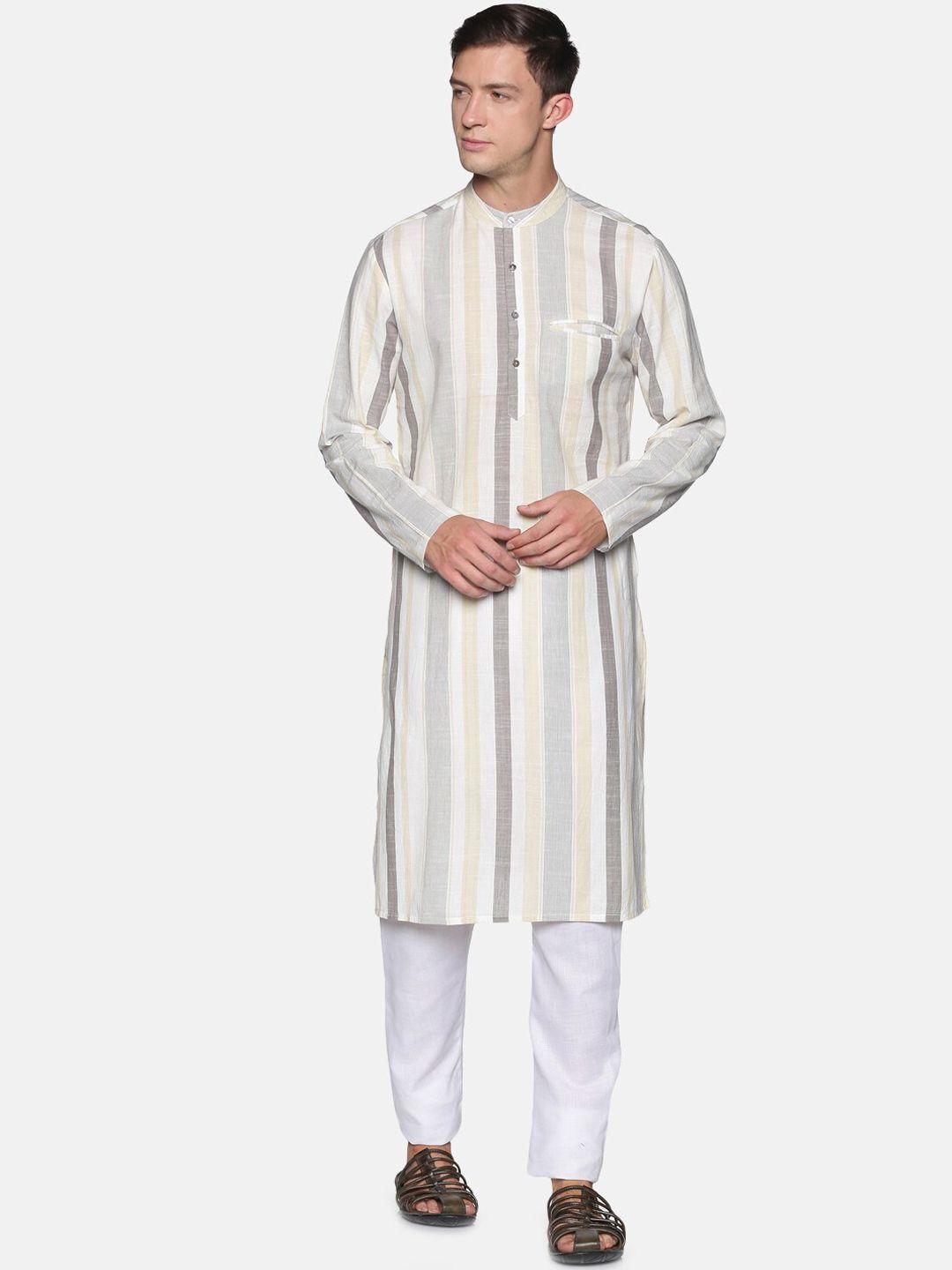 saffron threads men off white & grey striped kurta