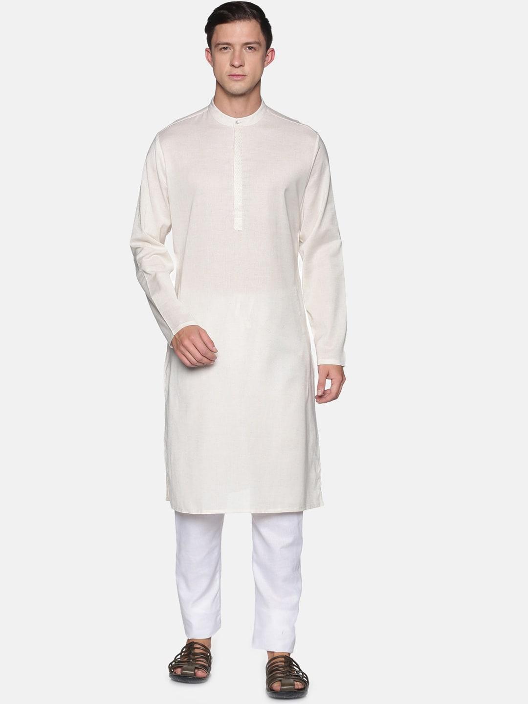 saffron threads men off white solid kurta