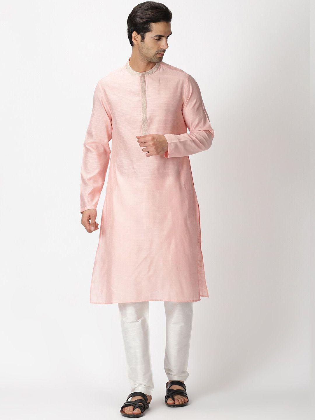 saffron threads men pink art silk slub kurta