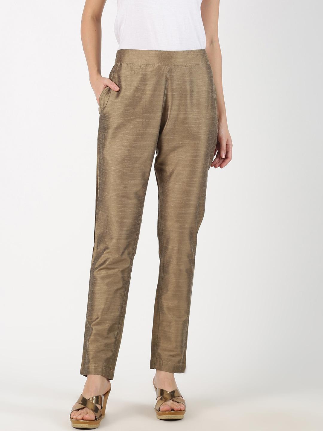 saffron threads women gold-toned original regular fit solid trousers