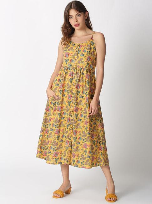 saffron threads yellow cotton floral print empire-line dress