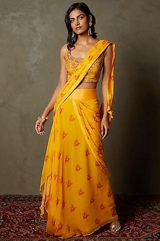 saffron viscose chiffon embroidered draped saree set
