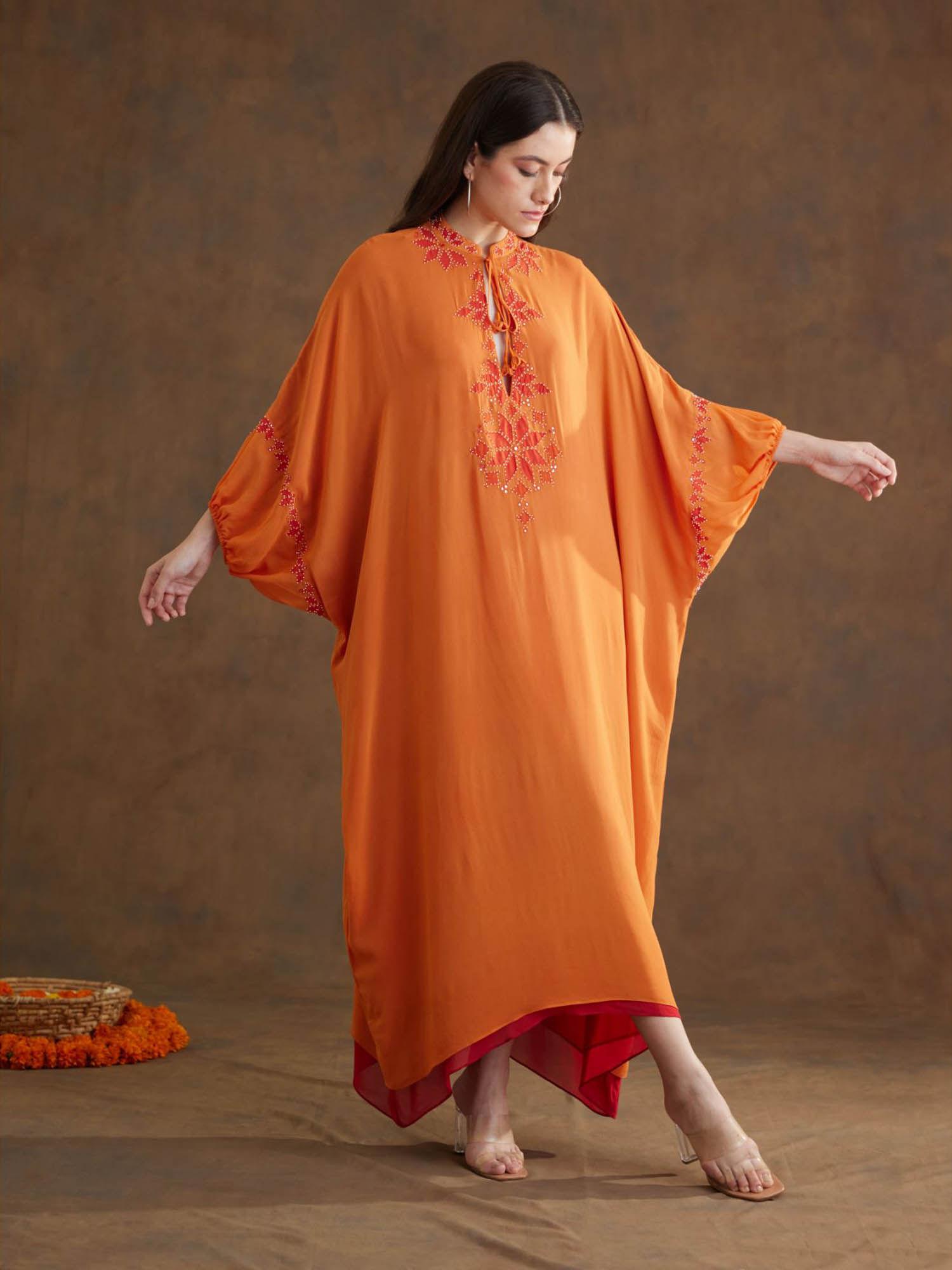 saffron applique embroidered kaftan maxi dress
