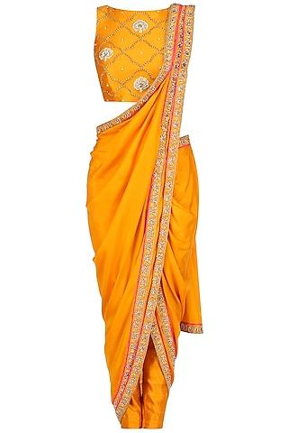 saffron embroidere border drape saree with embellished blouse and pants