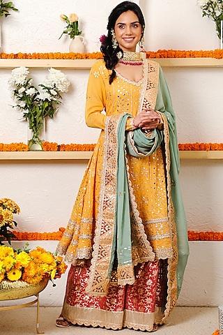 saffron embroidered anarkali set