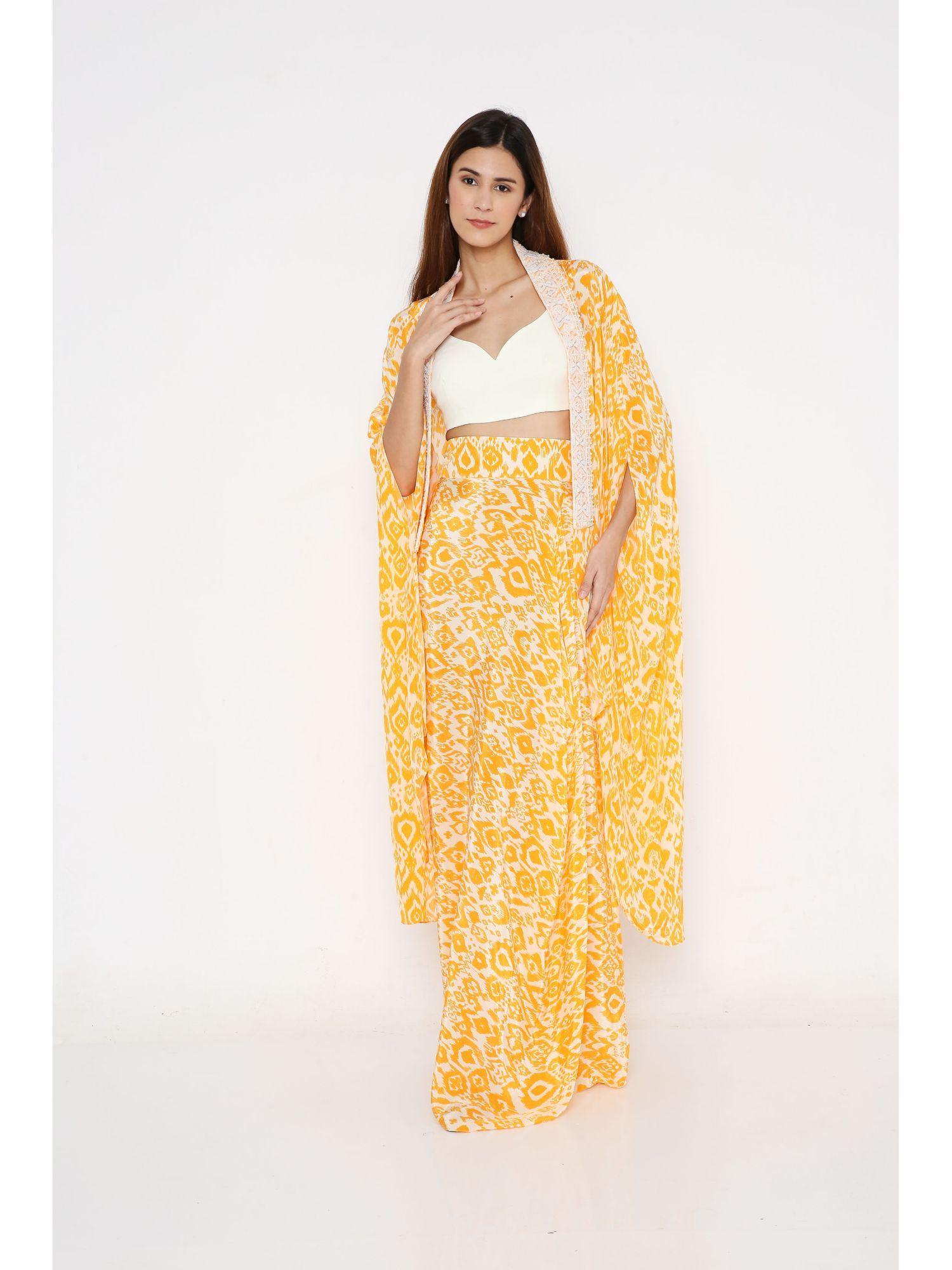 saffron ikat crepe cape with drape skirt and off-white bustier (set of 3)