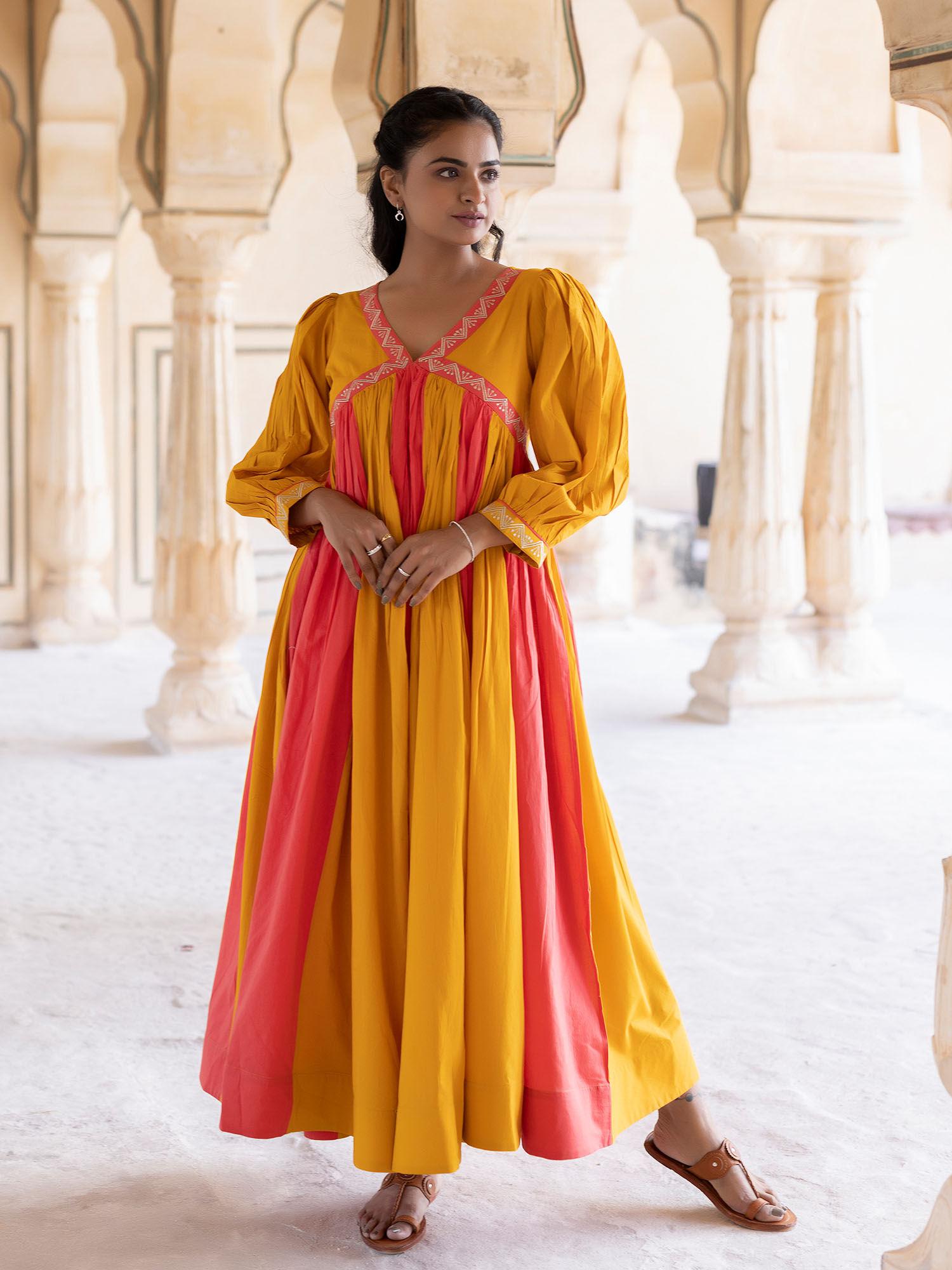 saffron peach & mustard cotton dress