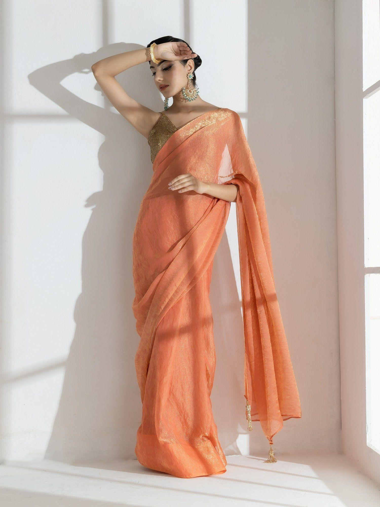 saffron peach paisley gold design chiffon saree