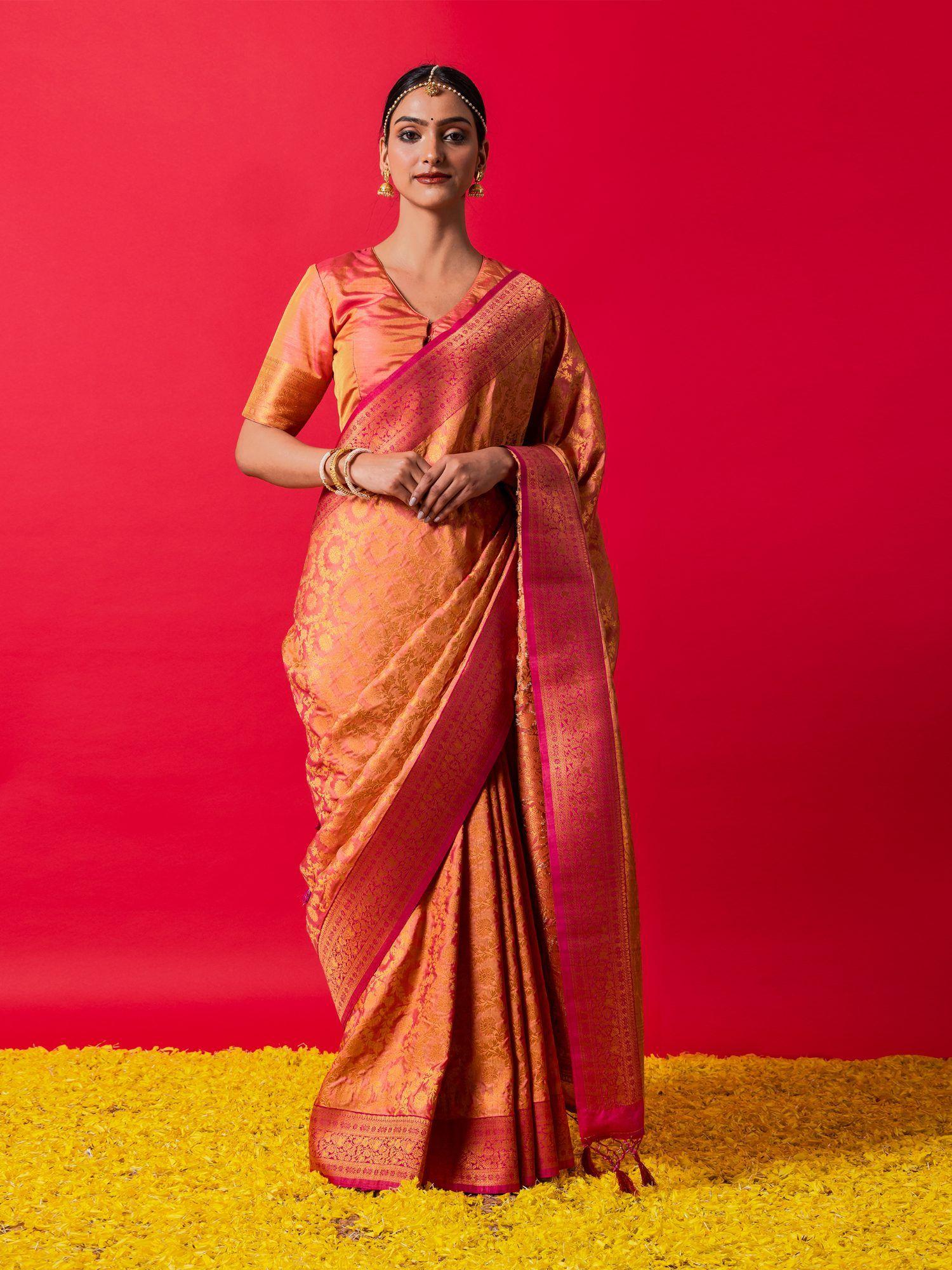 saffron pink muga silk banarasi saree with unstitched blouse fabric
