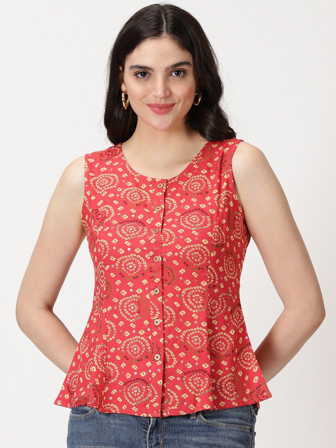 saffron threads bandhani printed sleeveless a-line top