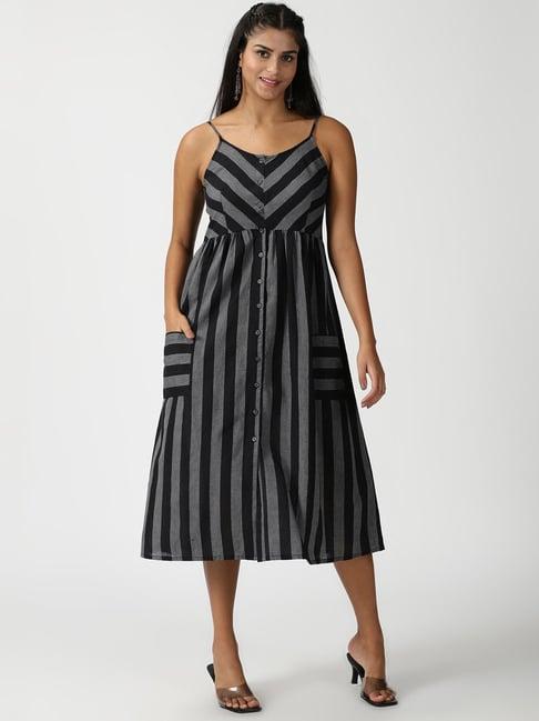 saffron threads black & grey cotton striped a-line dress
