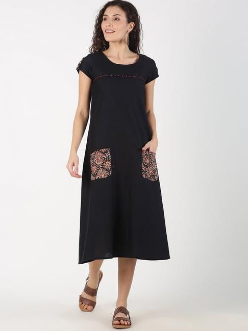 saffron threads black cotton a-line dress