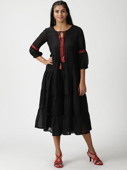 saffron threads black embroidered a-line dress
