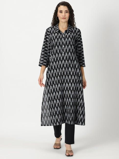 saffron threads black ikkat print straight kurta