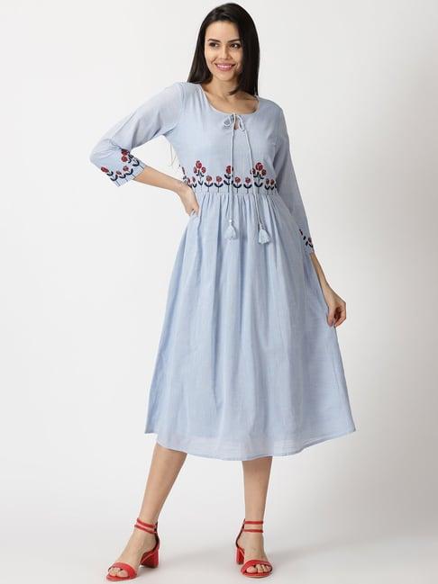 saffron threads blue cotton embroidered midi dress