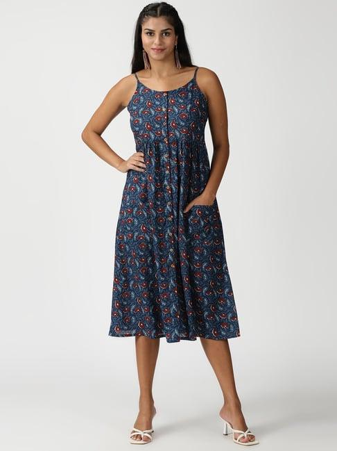 saffron threads blue cotton floral print a-line dress