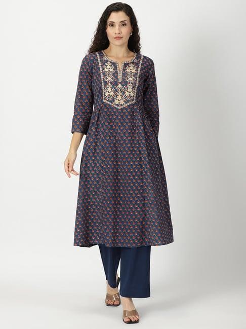 saffron threads blue cotton floral print a line kurta