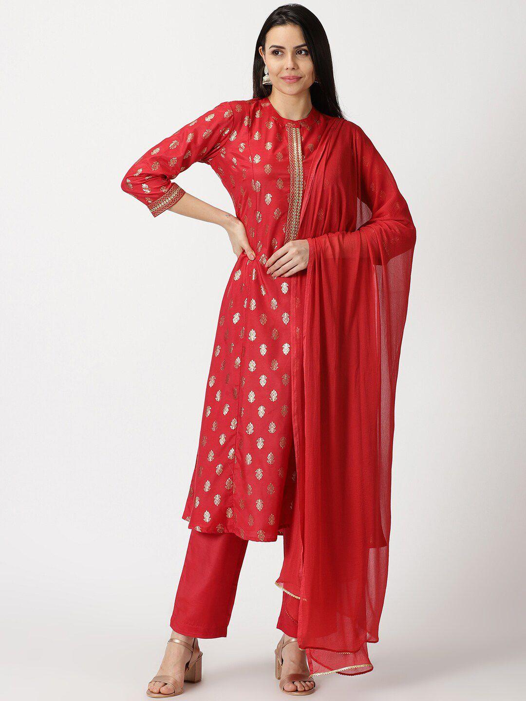 saffron threads ethnic motifs printed straight kurta with trousers & dupatta