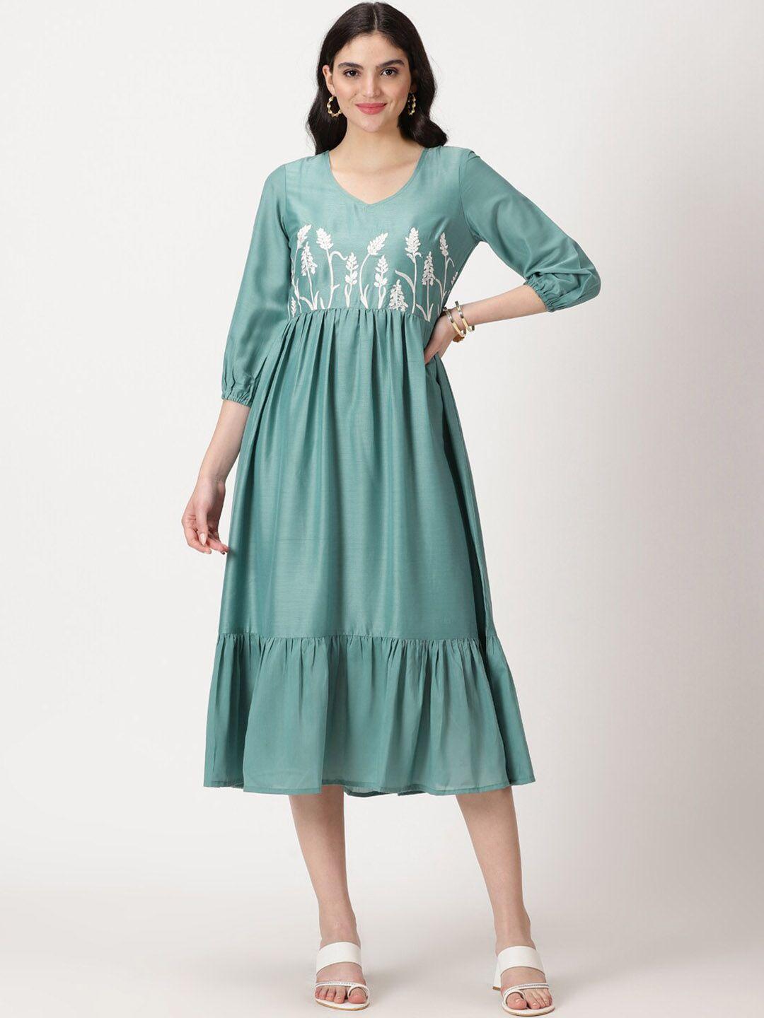 saffron threads floral embroidered puff sleeves midi fit & flare dress