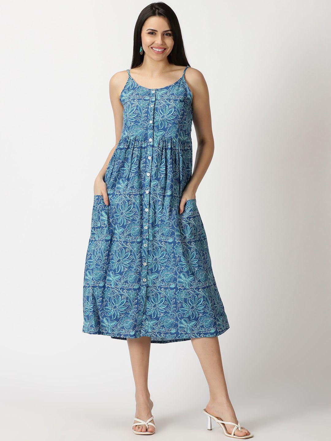 saffron threads floral printed shoulder straps pure cotton fit & flare midi dress