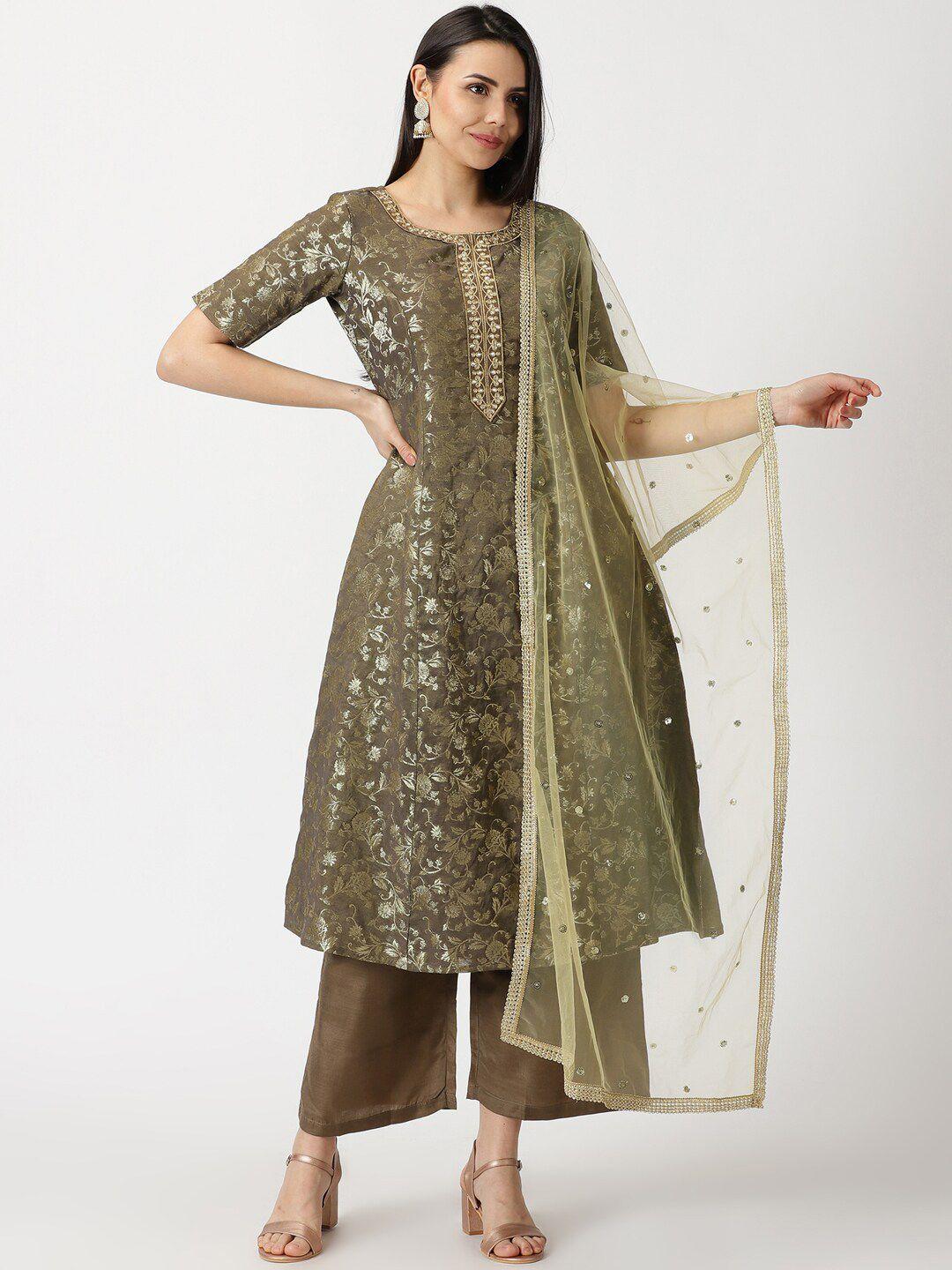 saffron threads floral woven design jacquard kurta with palazzos & with dupatta