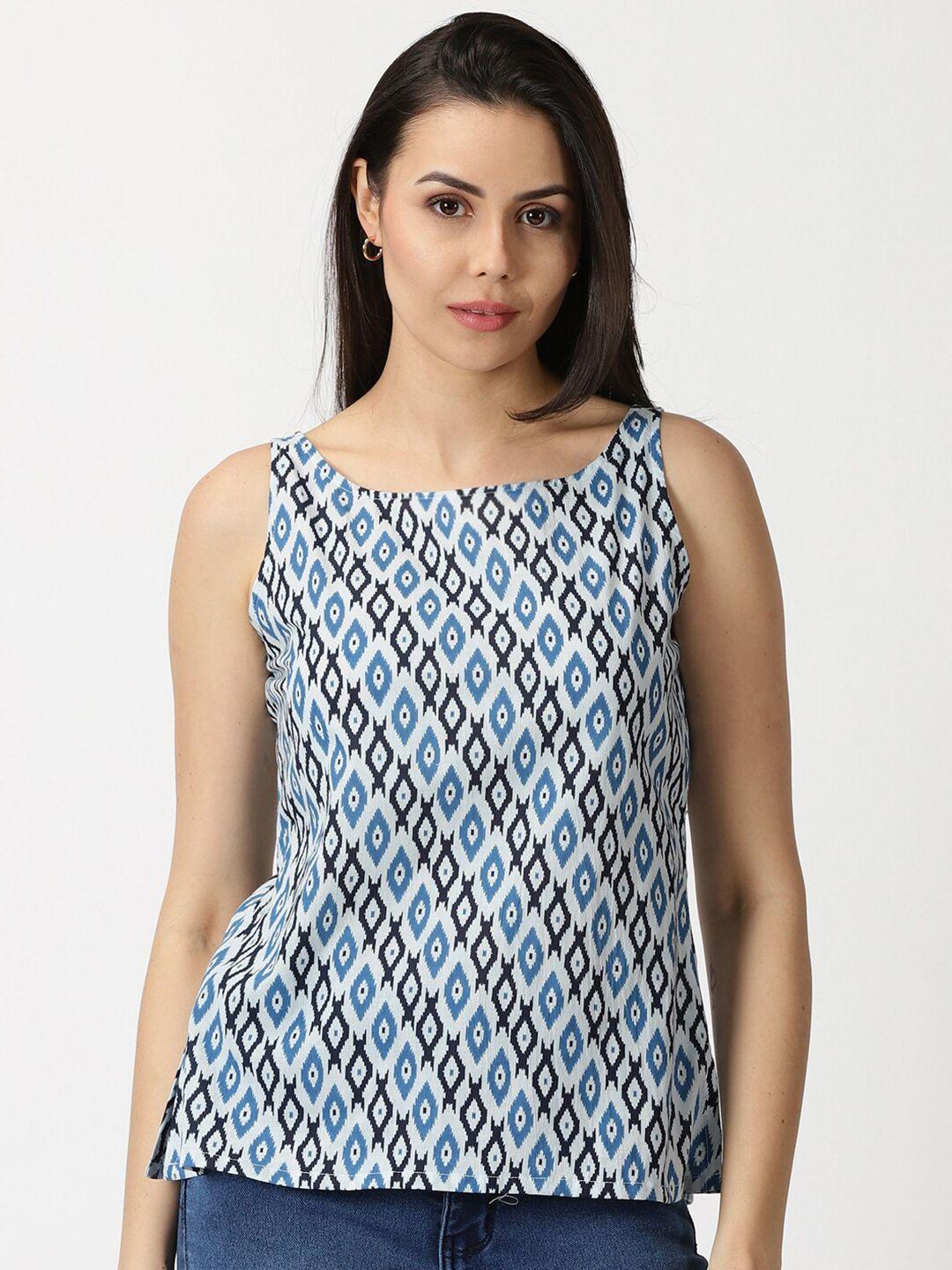 saffron threads geometric printed boat neck styled back cotton top