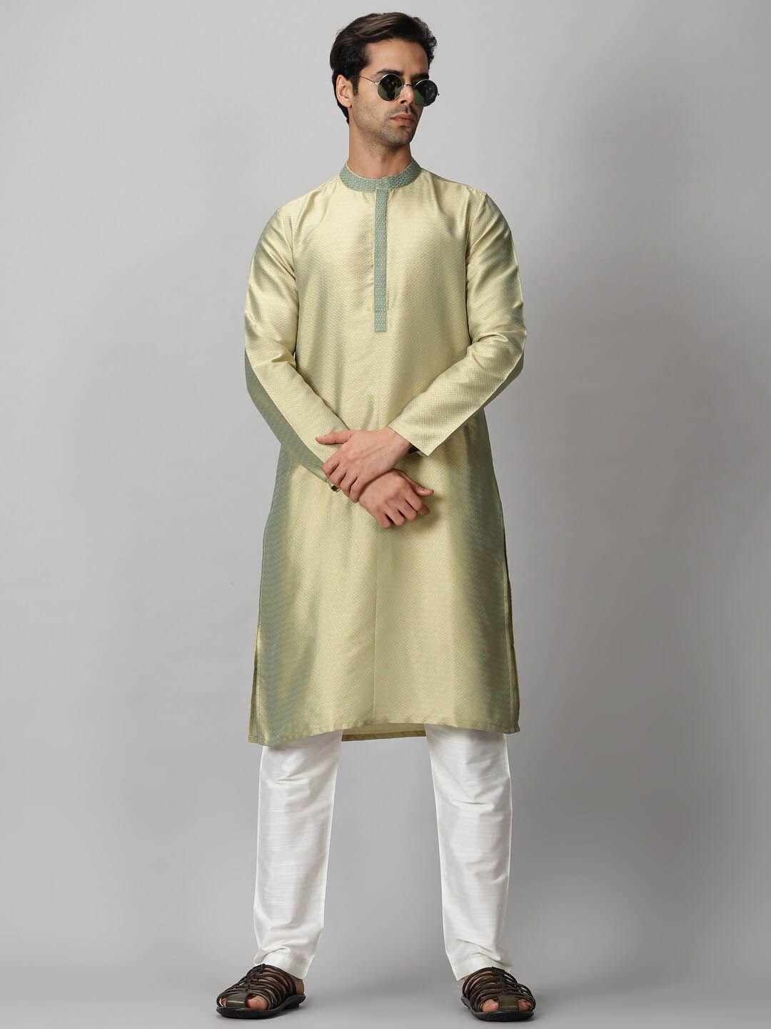 saffron threads mandarin collar jacquard self design kurta