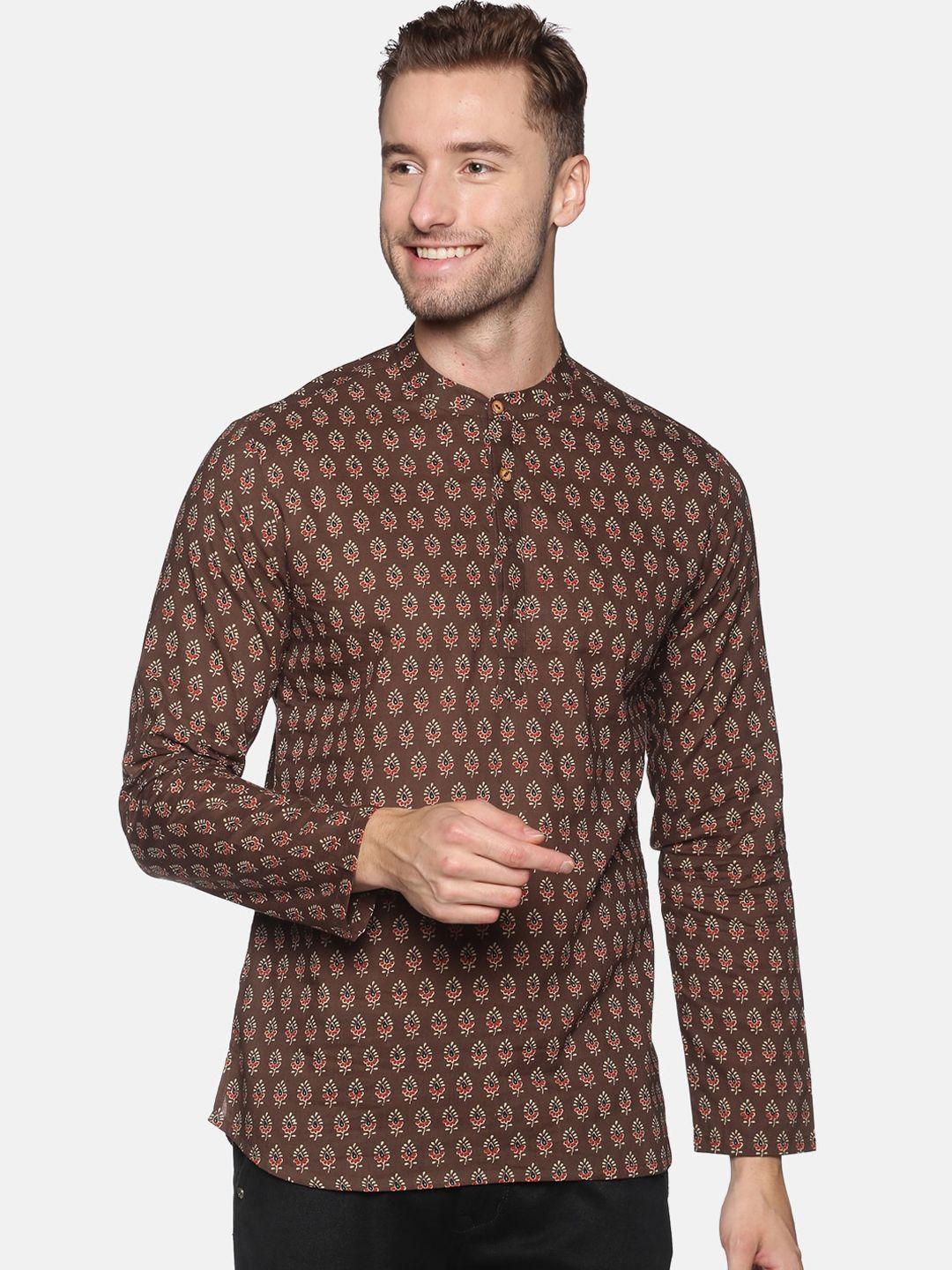 saffron threads men brown ethnic motifs printed cotton kurta