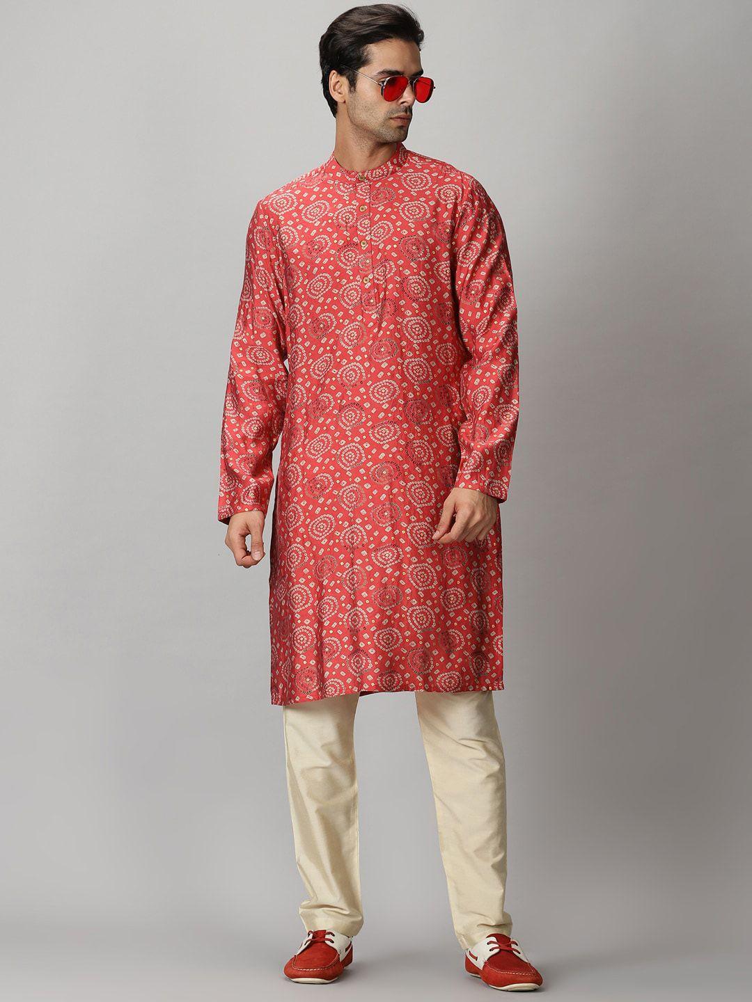 saffron threads men coral & beige bandhani printed kurta