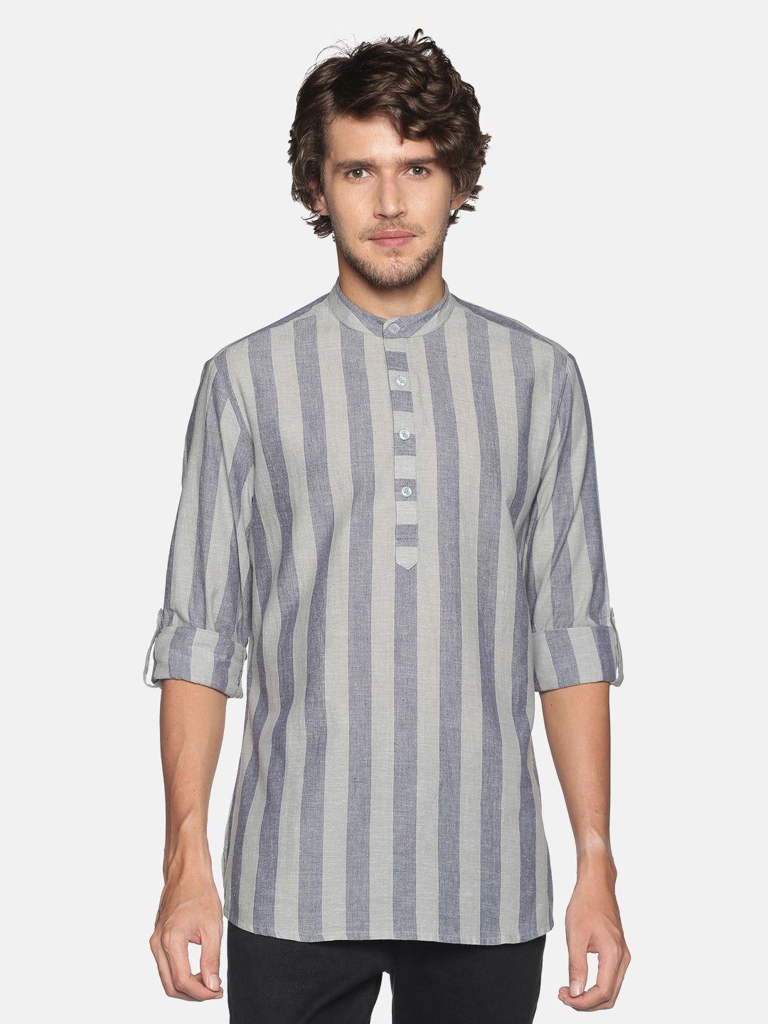 saffron threads men grey striped cotton kurta