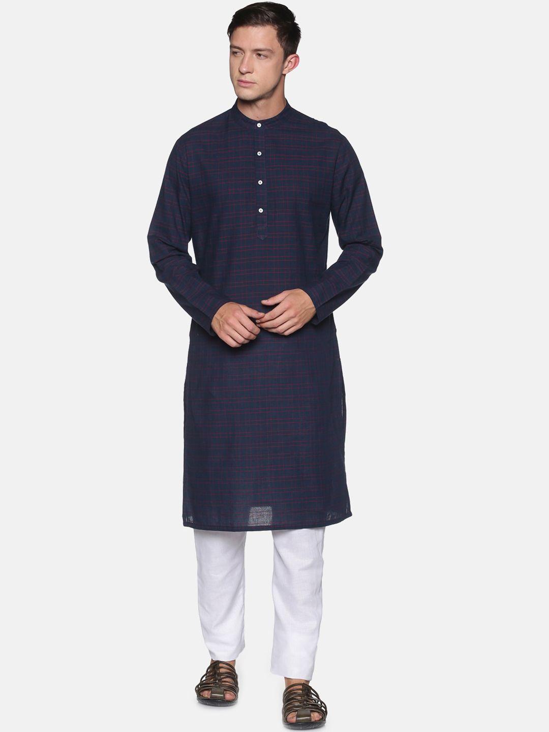 saffron threads men navy blue checked kurta