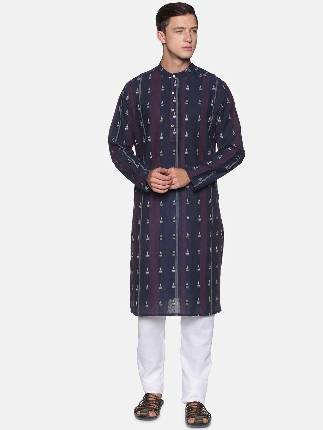 saffron threads men navy blue geometric cotton kurta