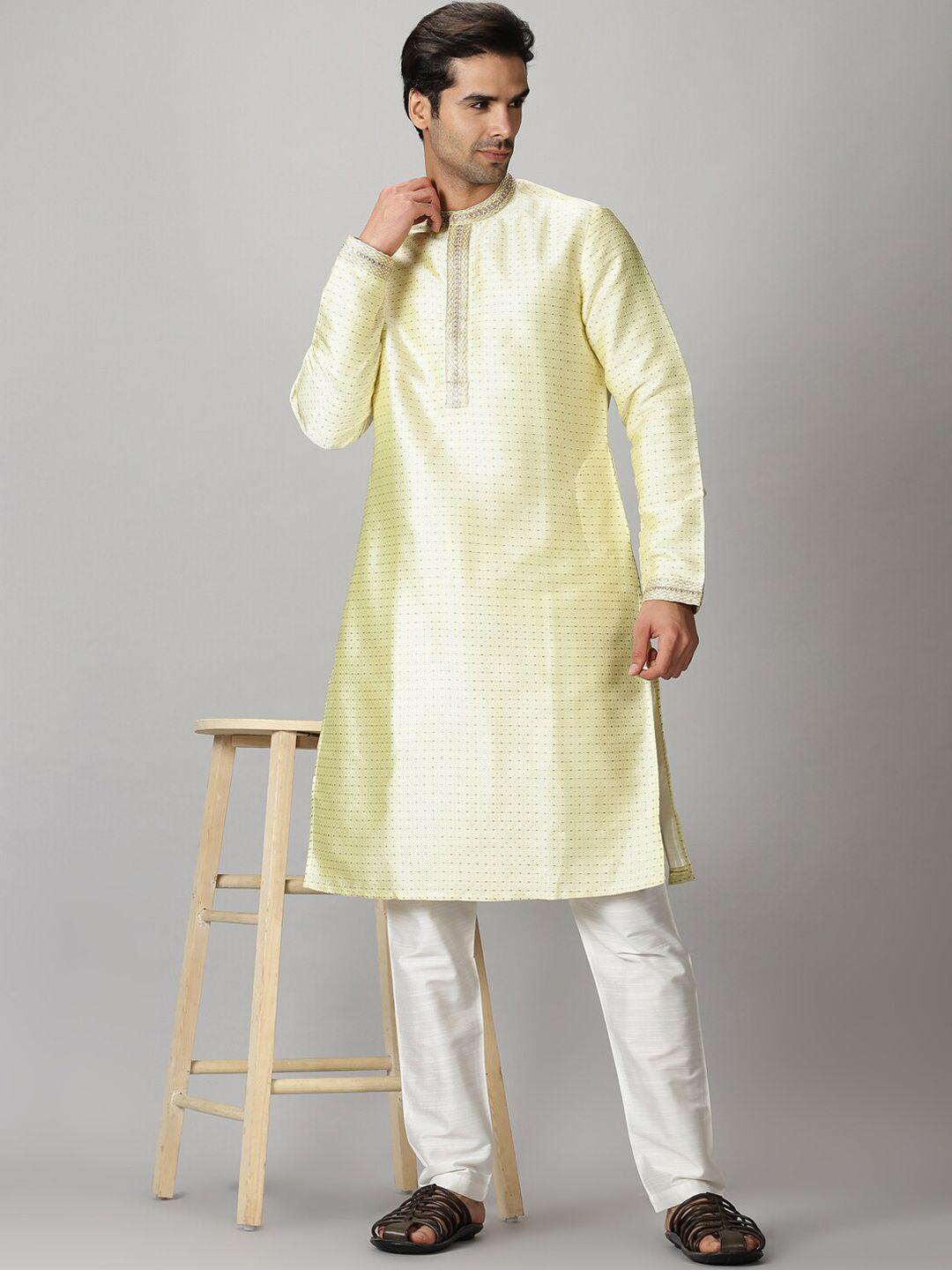 saffron threads men yellow mirror work embroidery jacquard kurta