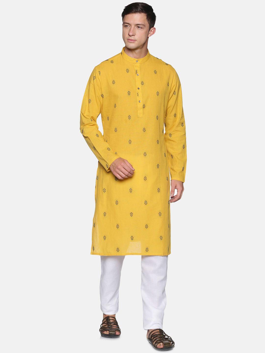 saffron threads men yellow woven design kurta