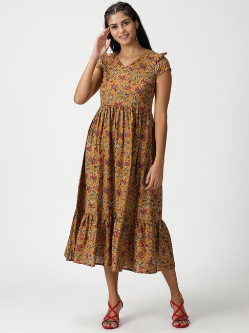 saffron threads mustard cotton floral print a-line dress