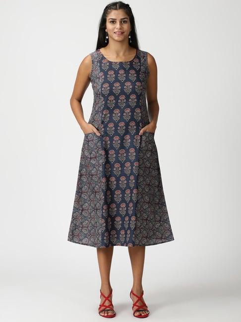 saffron threads navy cotton floral print a-line dress