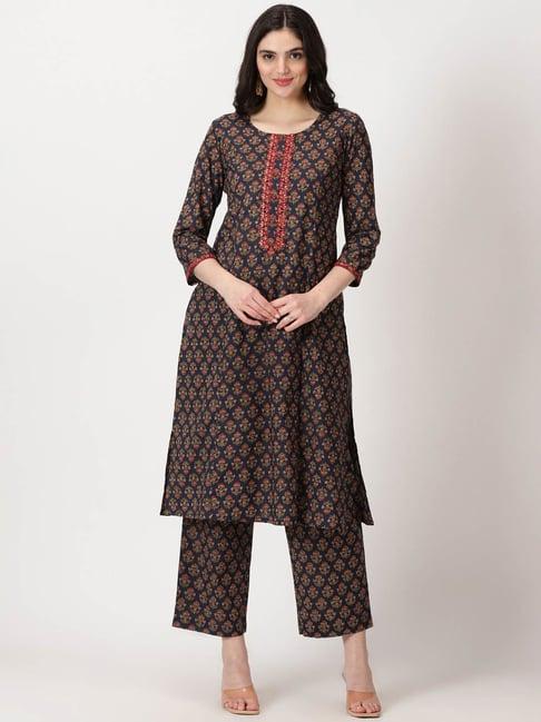 saffron threads navy cotton floral straight kurta