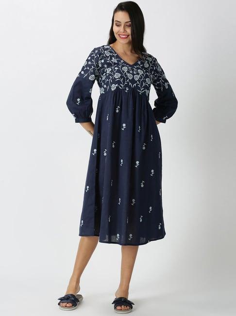 saffron threads navy cotton linen embroidered a-line dress