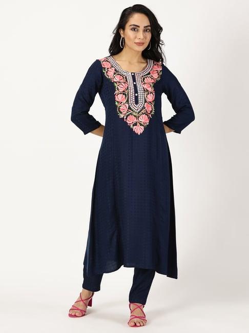 saffron threads navy rayon floral print a line kurta