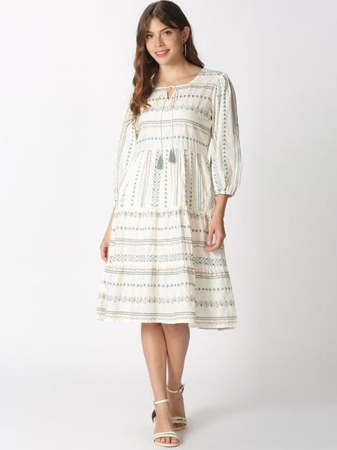 saffron threads off-white cotton linen embroidered a-line dress