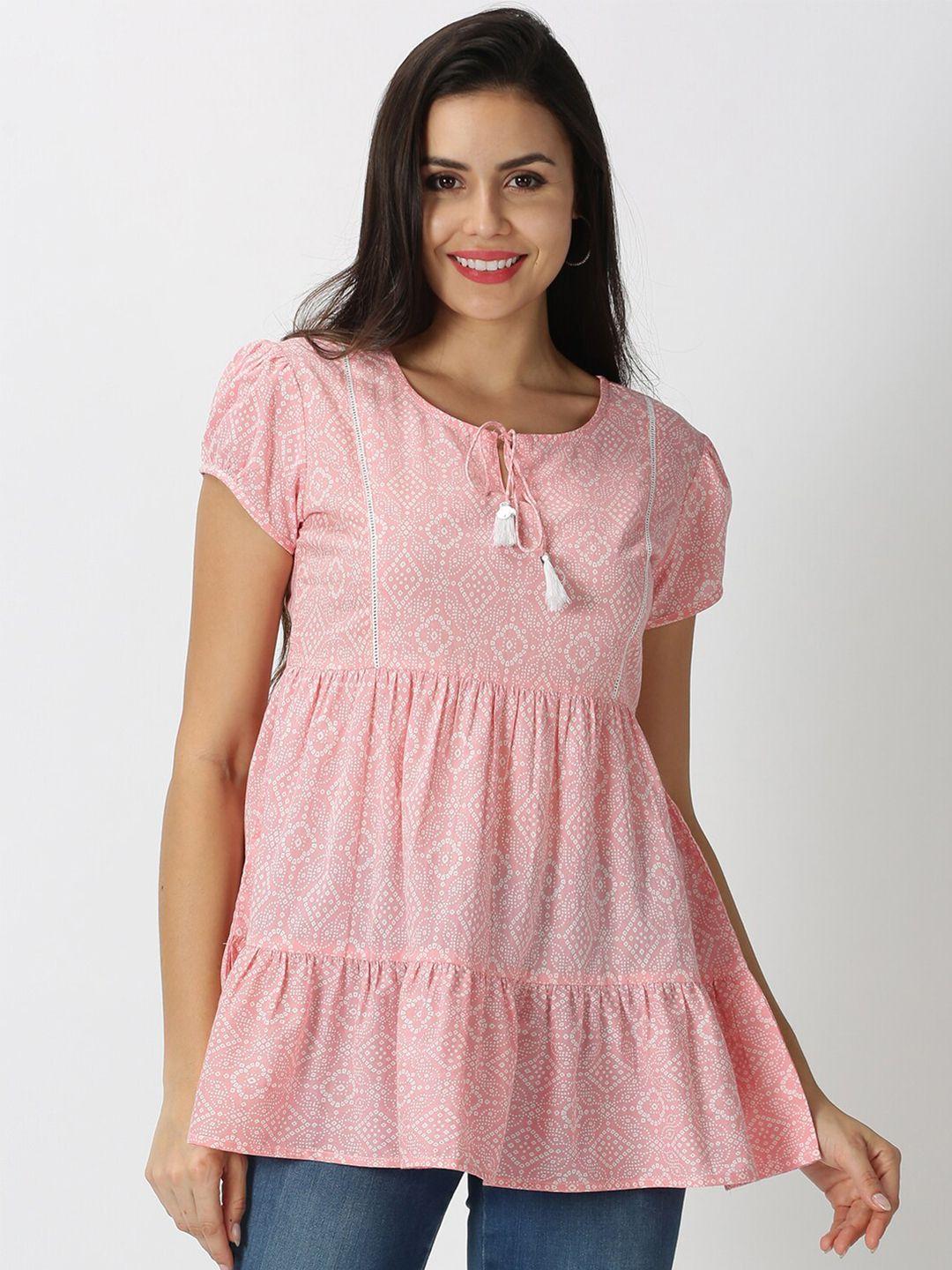 saffron threads pink bandhani print tie-up neck tiered top