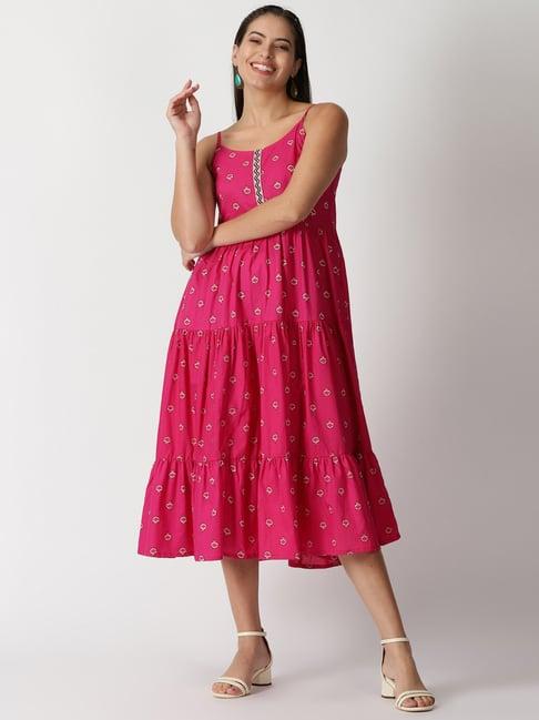 saffron threads pink cotton floral print a-line dress