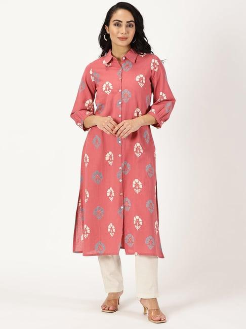 saffron threads pink floral print straight kurta