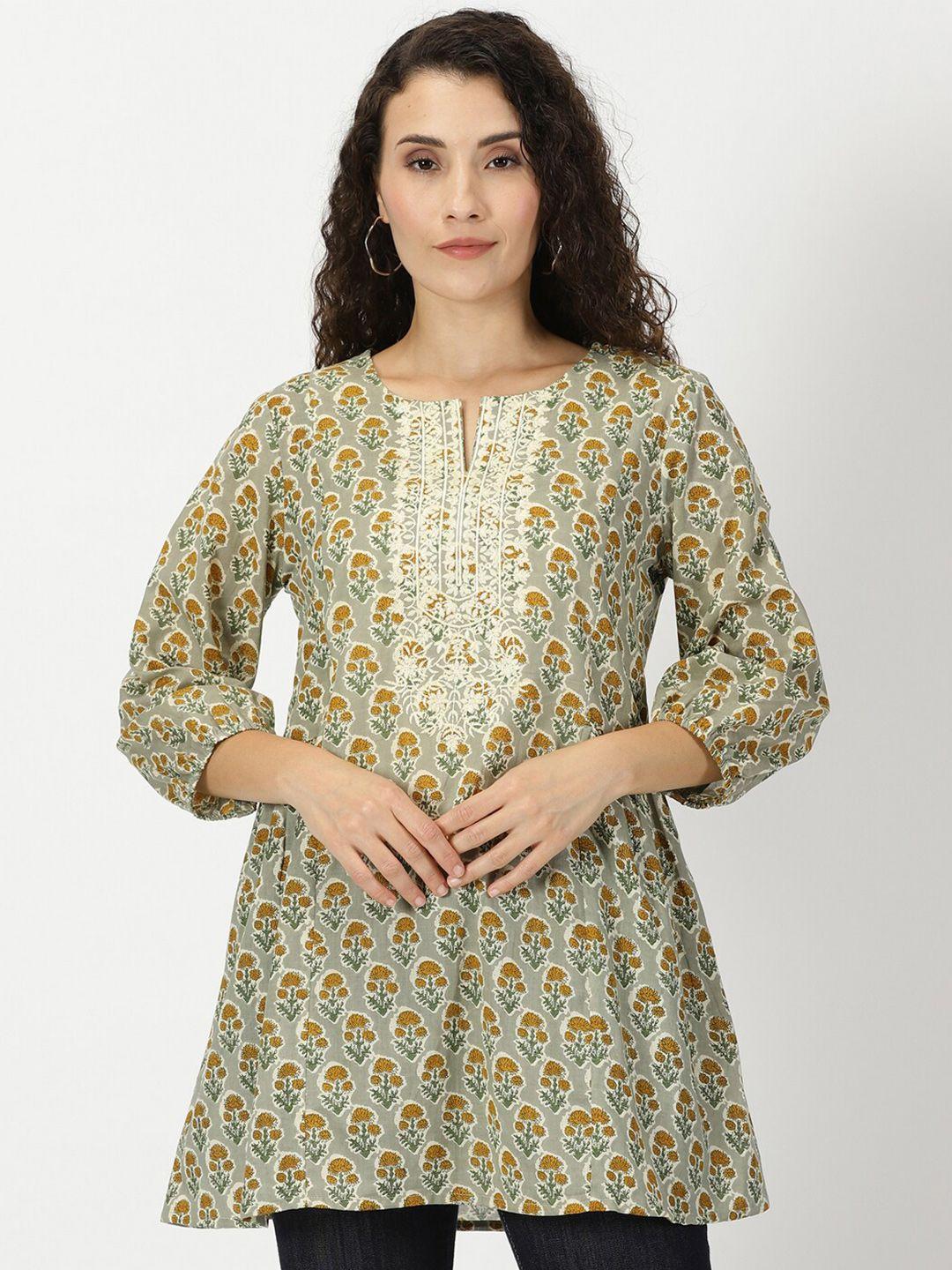 saffron threads pure cotton floral print a-line kurti tunic with embroidered yoke