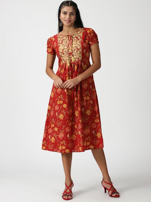 saffron threads red cotton embroidered a-line dress