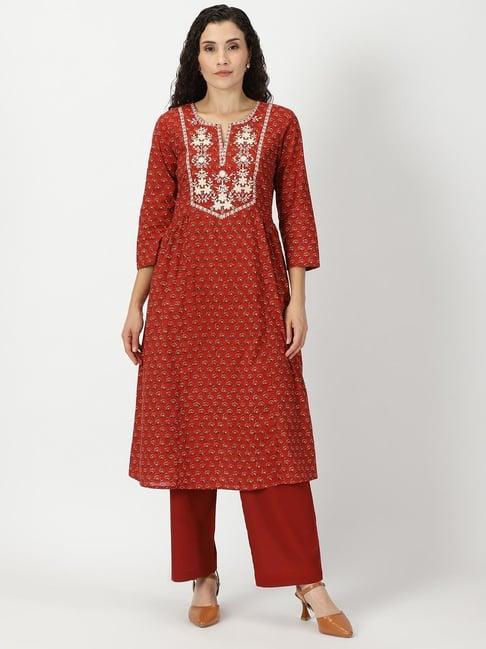 saffron threads red cotton floral print a line kurta