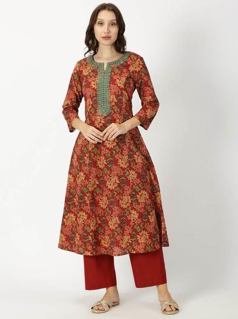 saffron threads red cotton floral print a line kurta